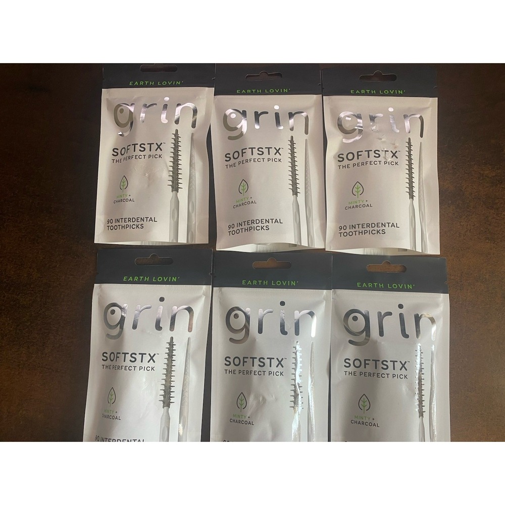 6 PACK Grin Charcoal Infused Softstx, Gentle Dental Picks, 90 Count